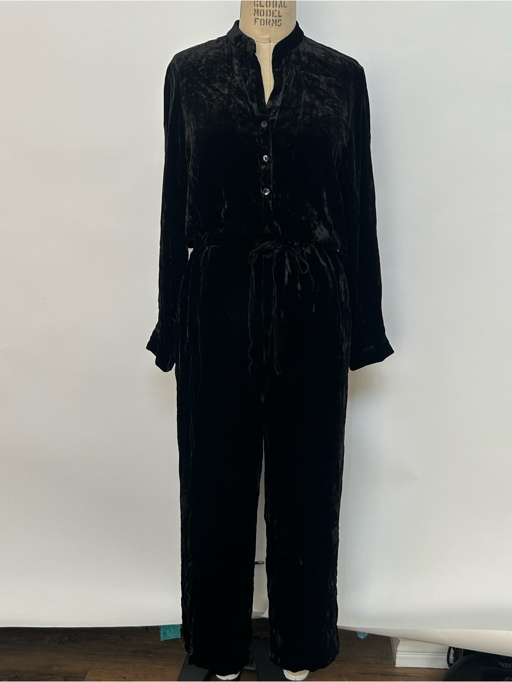 Eileen Fisher Black Velvet Long-Sleeve Drawstring Jumpsuit